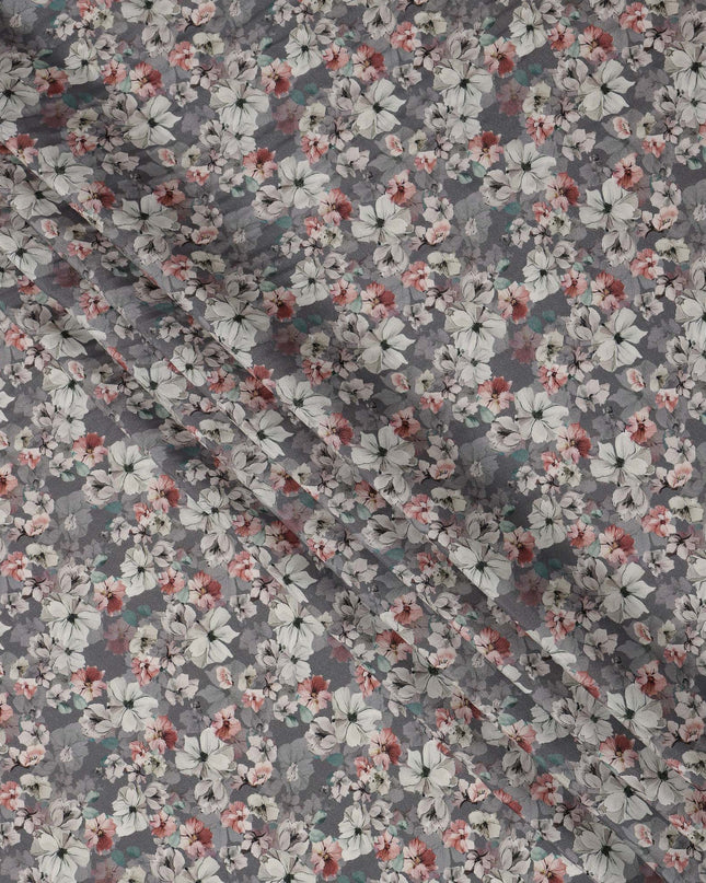 Slate Grey Floral Printed Viscose Crepe Fabric with White and Pink Bloom Design, 110 cms Width, Made in India-D26301