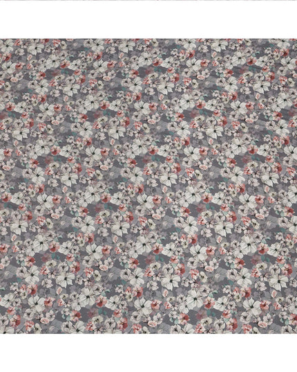 Slate Grey Floral Printed Viscose Crepe Fabric with White and Pink Bloom Design, 110 cms Width, Made in India-D26301