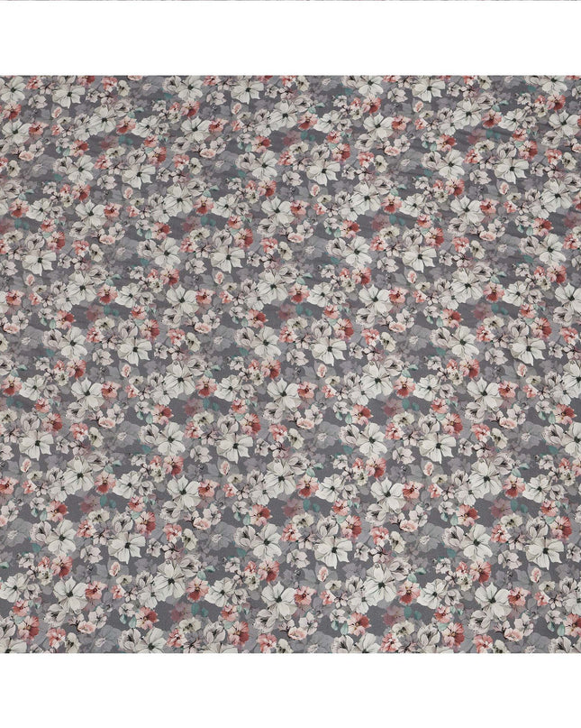 Slate Grey Floral Printed Viscose Crepe Fabric with White and Pink Bloom Design, 110 cms Width, Made in India-D26301