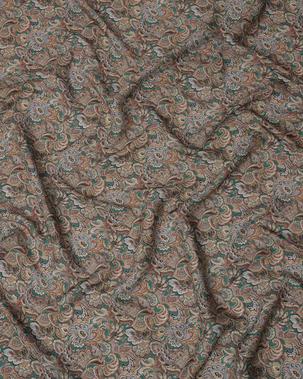 Olive Green Paisley Printed Viscose Crepe Fabric with Multicolor Mughal Floral Design, 110 cms Width, Made in India-D26300