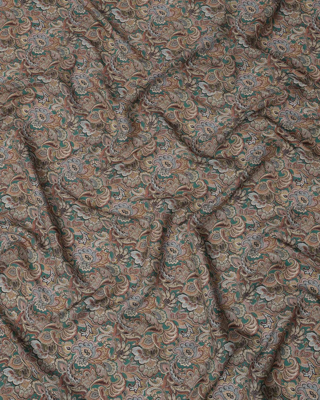 Olive Green Paisley Printed Viscose Crepe Fabric with Multicolor Mughal Floral Design, 110 cms Width, Made in India-D26300