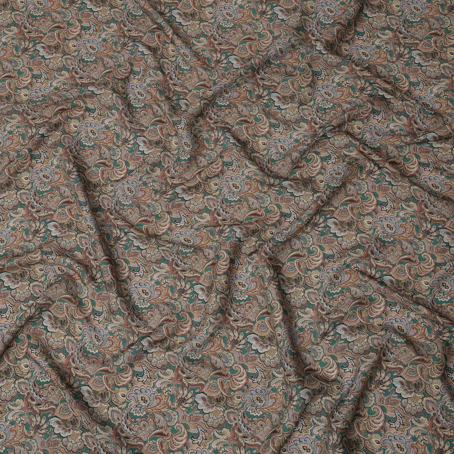 Olive Green Paisley Printed Viscose Crepe Fabric with Multicolor Mughal Floral Design, 110 cms Width, Made in India-D26300