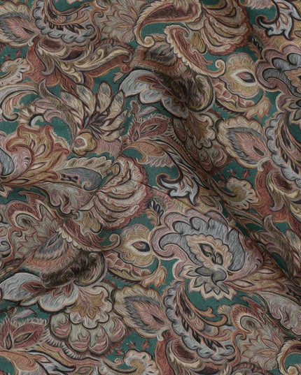 Olive Green Paisley Printed Viscose Crepe Fabric with Multicolor Mughal Floral Design, 110 cms Width, Made in India-D26300