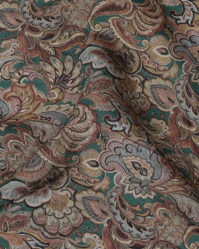 Olive Green Paisley Printed Viscose Crepe Fabric with Multicolor Mughal Floral Design, 110 cms Width, Made in India-D26300