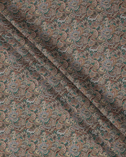 Olive Green Paisley Printed Viscose Crepe Fabric with Multicolor Mughal Floral Design, 110 cms Width, Made in India-D26300