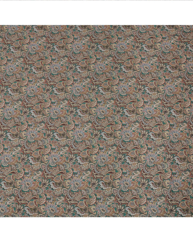 Olive Green Paisley Printed Viscose Crepe Fabric with Multicolor Mughal Floral Design, 110 cms Width, Made in India-D26300