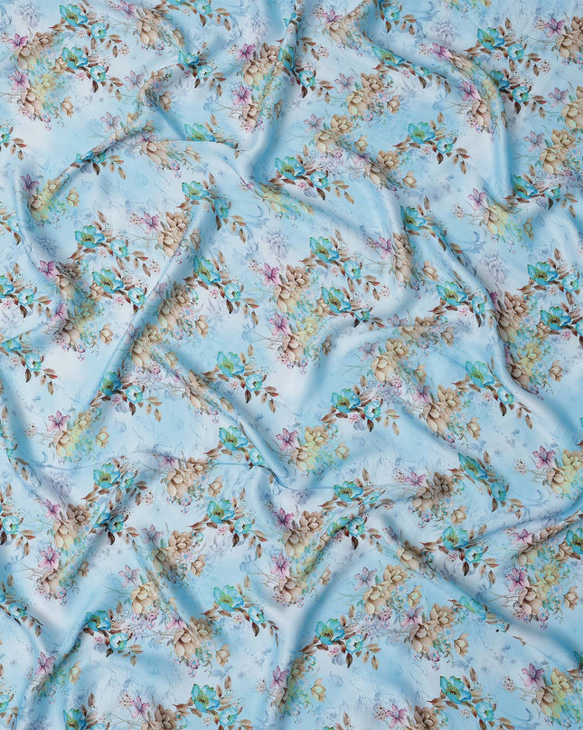 Sky Blue and Beige Floral Printed Synthetic Crepe Fabric, 110 Cms Width, Made in India-D26260