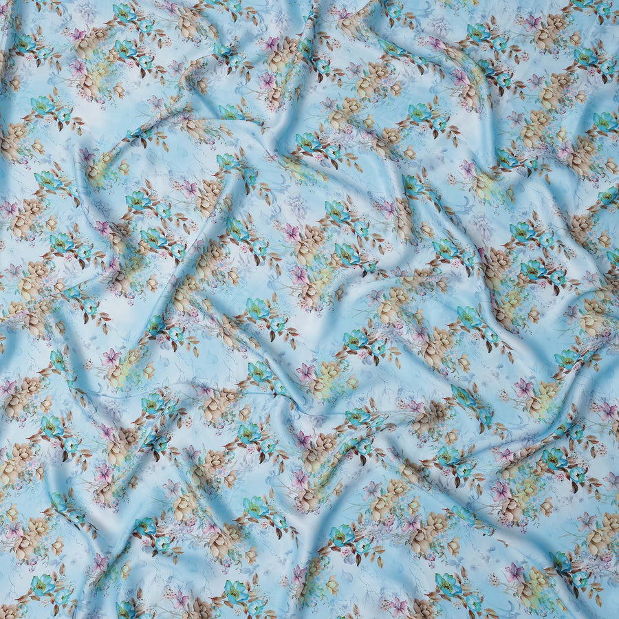 Sky Blue and Beige Floral Printed Synthetic Crepe Fabric, 110 Cms Width, Made in India-D26260