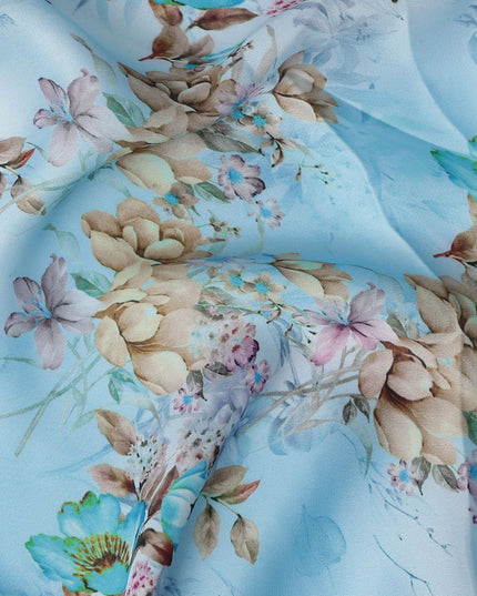 Sky Blue and Beige Floral Printed Synthetic Crepe Fabric, 110 Cms Width, Made in India-D26260
