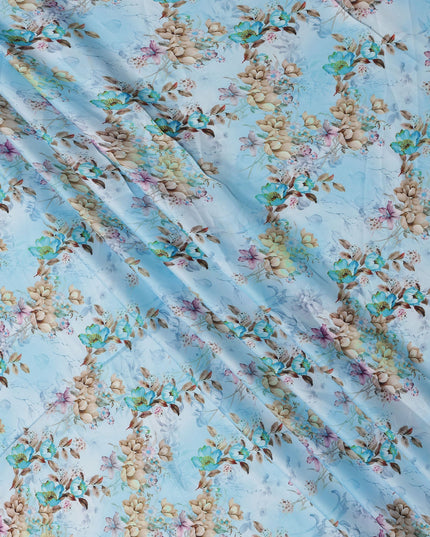 Sky Blue and Beige Floral Printed Synthetic Crepe Fabric, 110 Cms Width, Made in India-D26260