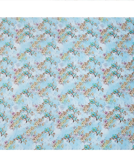 Sky Blue and Beige Floral Printed Synthetic Crepe Fabric, 110 Cms Width, Made in India-D26260