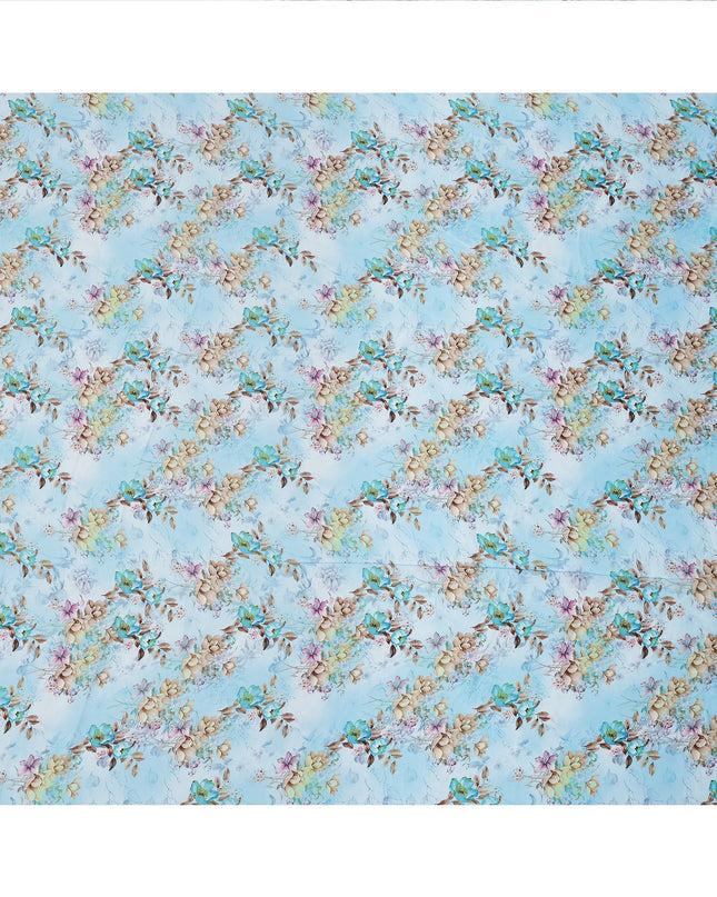 Sky Blue and Beige Floral Printed Synthetic Crepe Fabric, 110 Cms Width, Made in India-D26260