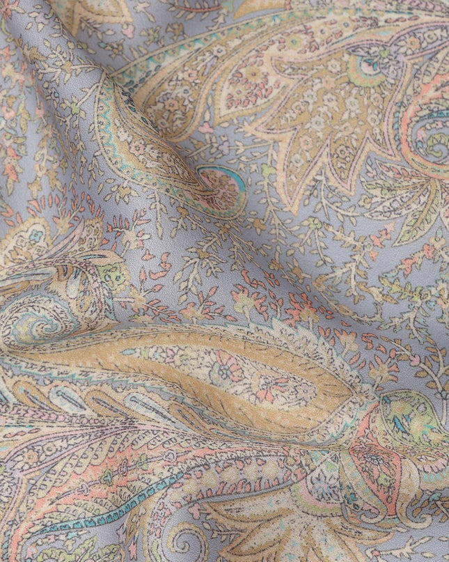 Grey and Beige Paisley Printed Synthetic Crepe Fabric, 110 Cms Width, Made in India-D26267