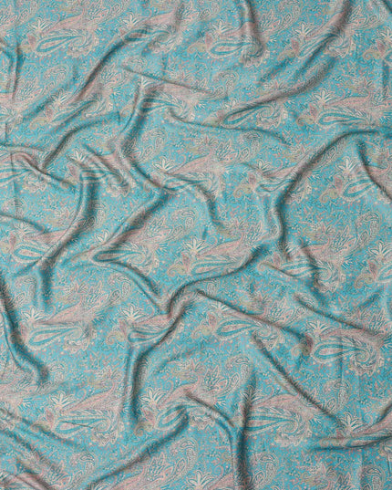 Turquoise and Beige Paisley Printed Synthetic Crepe Fabric, 110 Cms Width, Made in India-D26270