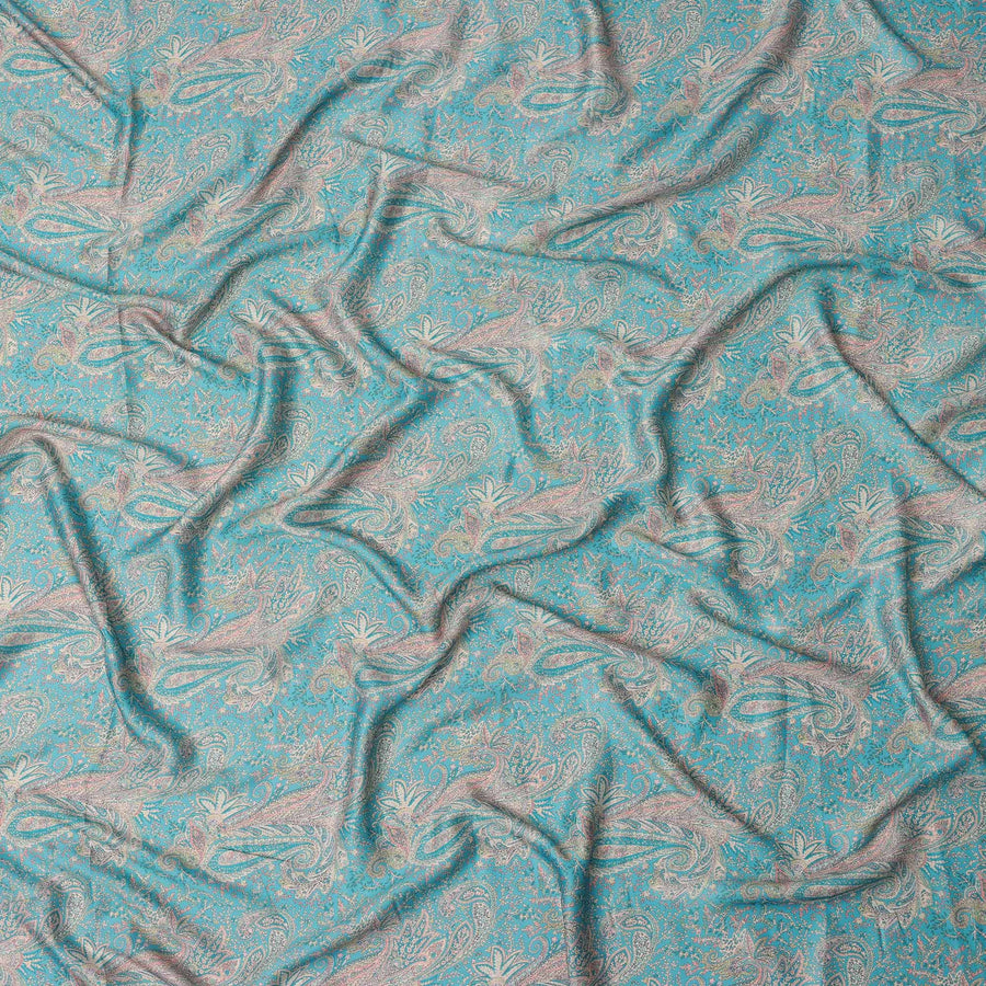 Turquoise and Beige Paisley Printed Synthetic Crepe Fabric, 110 Cms Width, Made in India-D26270