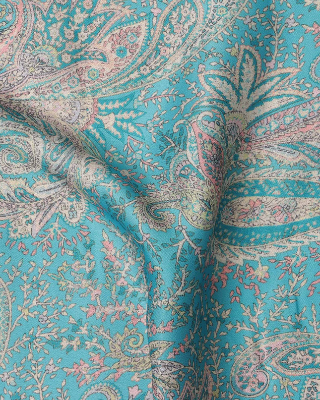 Turquoise and Beige Paisley Printed Synthetic Crepe Fabric, 110 Cms Width, Made in India-D26270