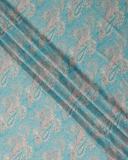 Turquoise and Beige Paisley Printed Synthetic Crepe Fabric, 110 Cms Width, Made in India-D26270