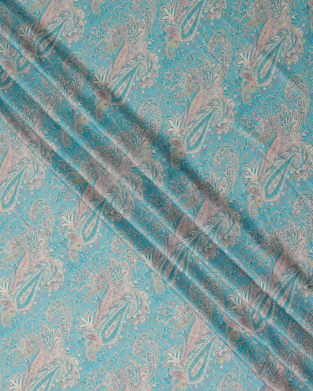 Turquoise and Beige Paisley Printed Synthetic Crepe Fabric, 110 Cms Width, Made in India-D26270