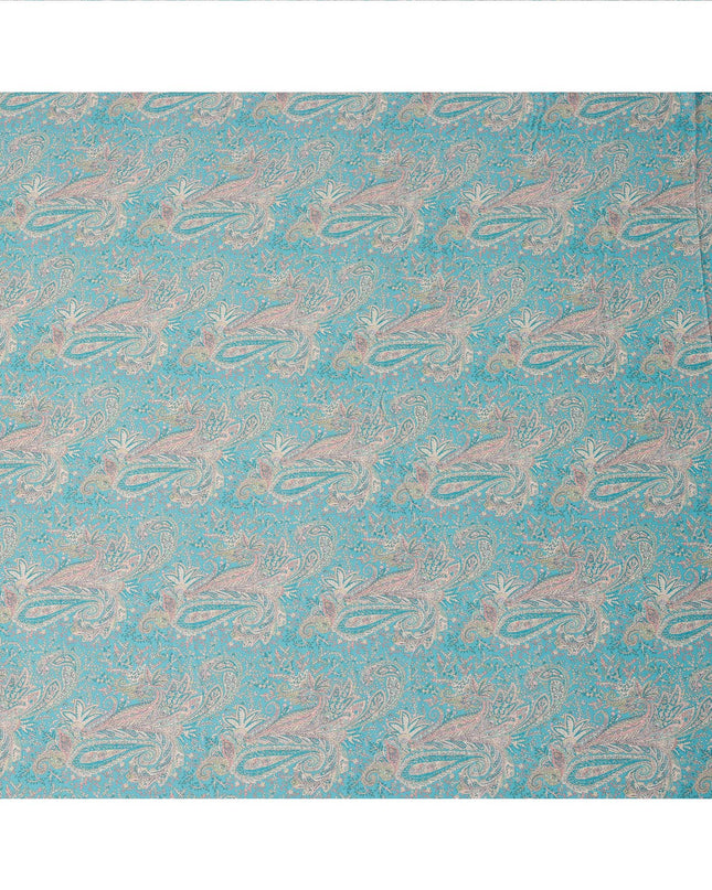 Turquoise and Beige Paisley Printed Synthetic Crepe Fabric, 110 Cms Width, Made in India-D26270