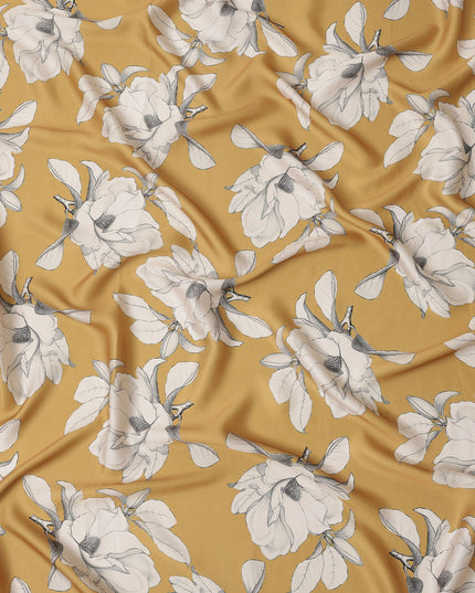 Mustard Yellow and White Floral Printed Synthetic Crepe Fabric, 110 Cms Width, Made in India-D26256