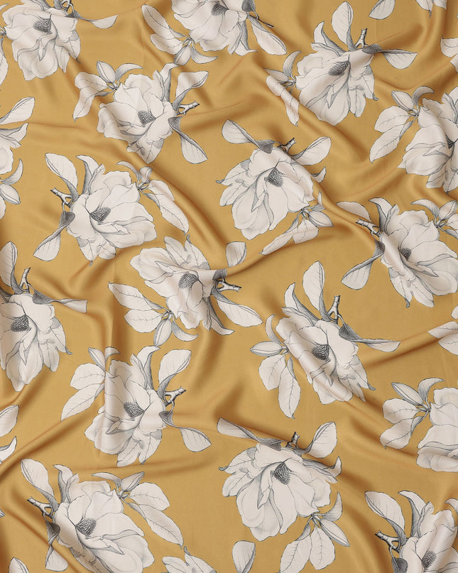 Mustard Yellow and White Floral Printed Synthetic Crepe Fabric, 110 Cms Width, Made in India-D26256