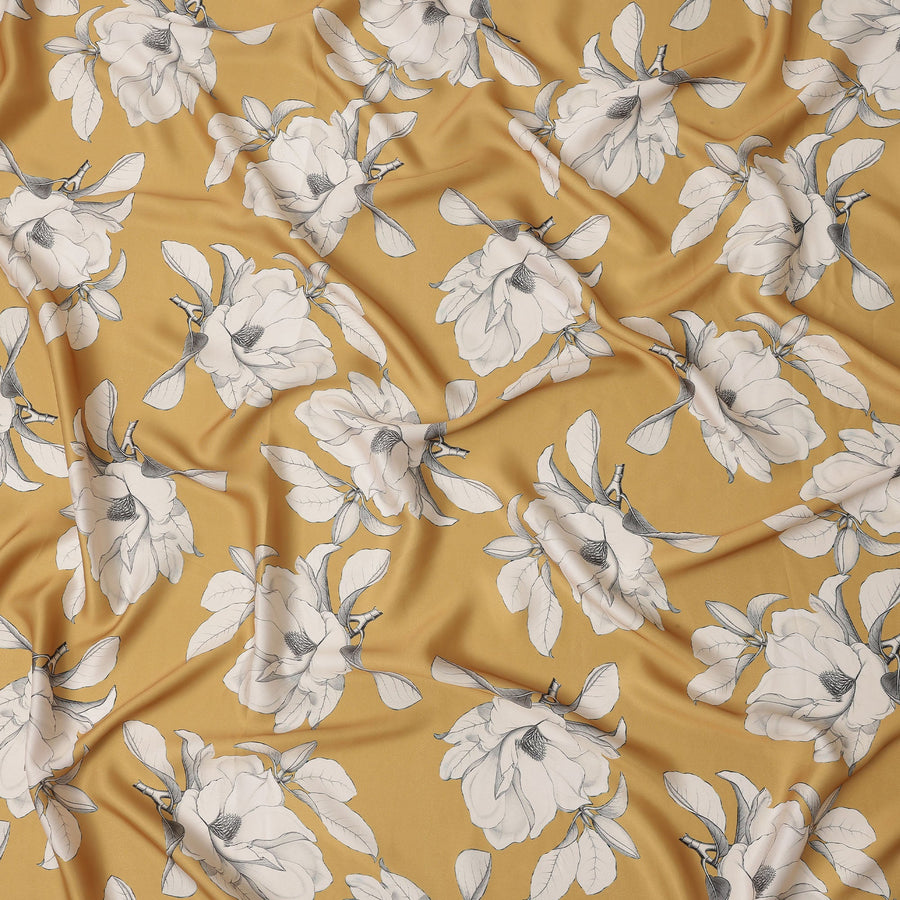 Mustard Yellow and White Floral Printed Synthetic Crepe Fabric, 110 Cms Width, Made in India-D26256