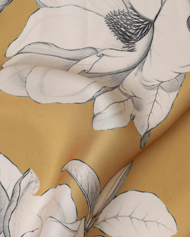 Mustard Yellow and White Floral Printed Synthetic Crepe Fabric, 110 Cms Width, Made in India-D26256
