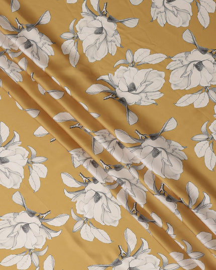 Mustard Yellow and White Floral Printed Synthetic Crepe Fabric, 110 Cms Width, Made in India-D26256