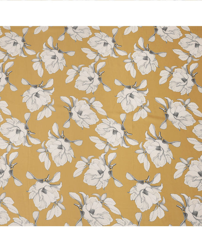 Mustard Yellow and White Floral Printed Synthetic Crepe Fabric, 110 Cms Width, Made in India-D26256
