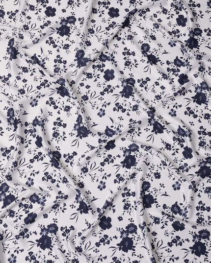 White and Navy Blue Floral Printed Synthetic Crepe Fabric, 110 Cms Width, Made in India-D26262