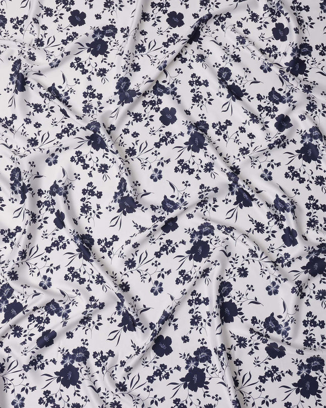 White and Navy Blue Floral Printed Synthetic Crepe Fabric, 110 Cms Width, Made in India-D26262