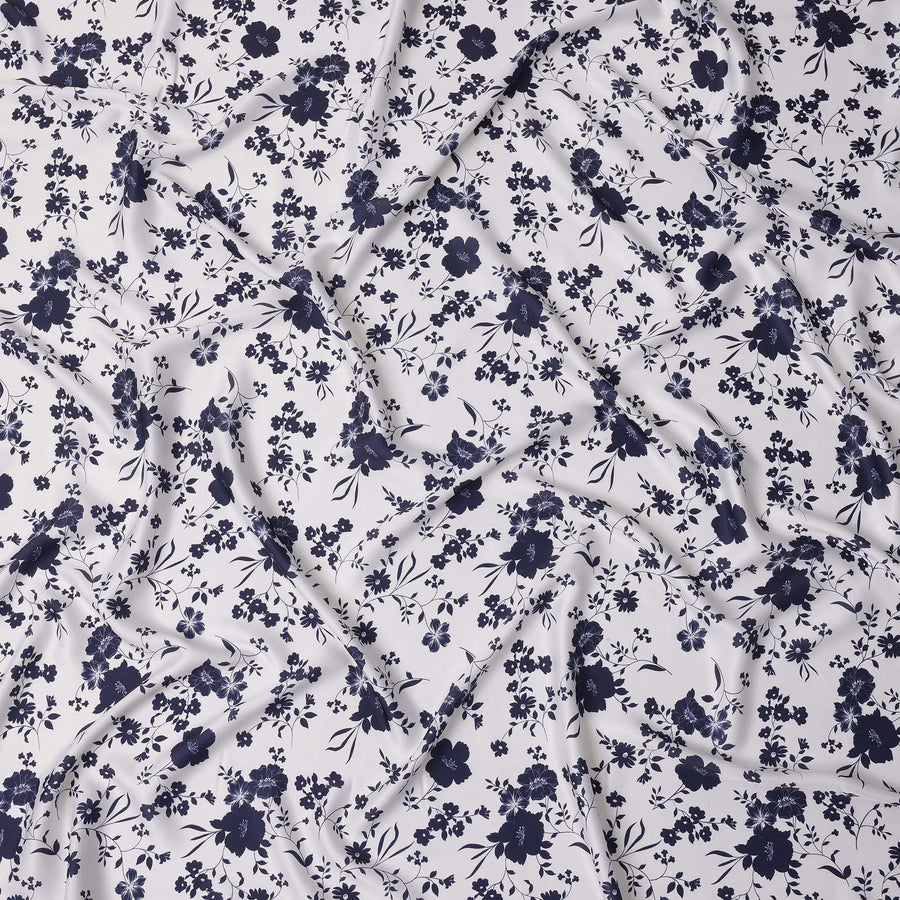 White and Navy Blue Floral Printed Synthetic Crepe Fabric, 110 Cms Width, Made in India-D26262