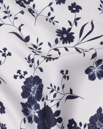 White and Navy Blue Floral Printed Synthetic Crepe Fabric, 110 Cms Width, Made in India-D26262