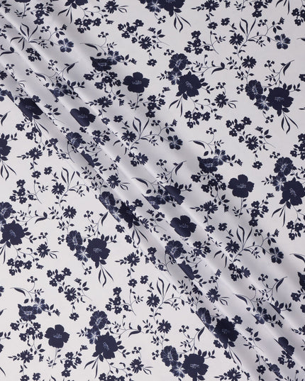 White and Navy Blue Floral Printed Synthetic Crepe Fabric, 110 Cms Width, Made in India-D26262