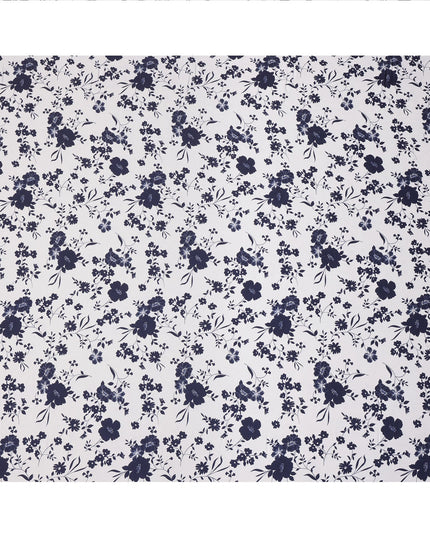 White and Navy Blue Floral Printed Synthetic Crepe Fabric, 110 Cms Width, Made in India-D26262