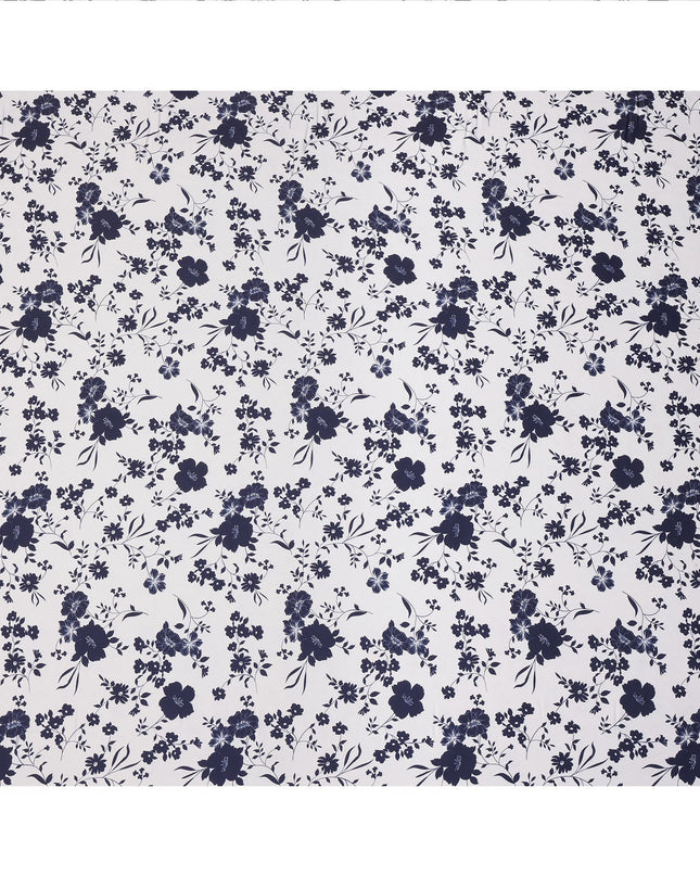 White and Navy Blue Floral Printed Synthetic Crepe Fabric, 110 Cms Width, Made in India-D26262