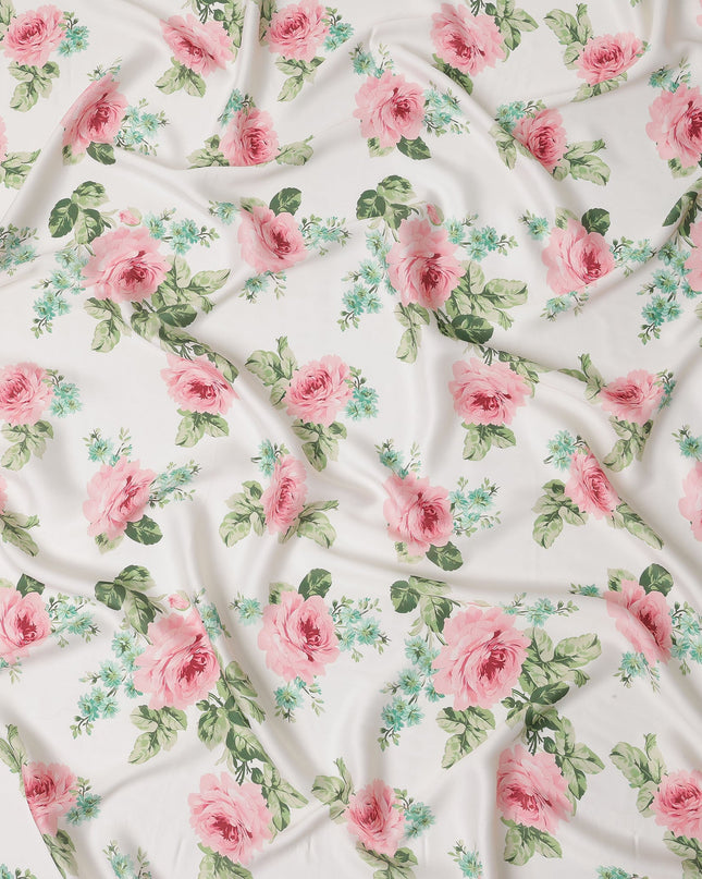 White and Pink Rose Floral Printed Synthetic Crepe Fabric, 110 Cms Width, Made in India-D26266