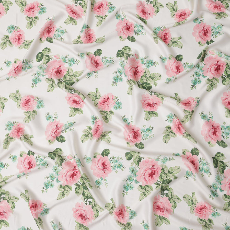 White and Pink Rose Floral Printed Synthetic Crepe Fabric, 110 Cms Width, Made in India-D26266