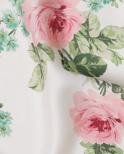 White and Pink Rose Floral Printed Synthetic Crepe Fabric, 110 Cms Width, Made in India-D26266