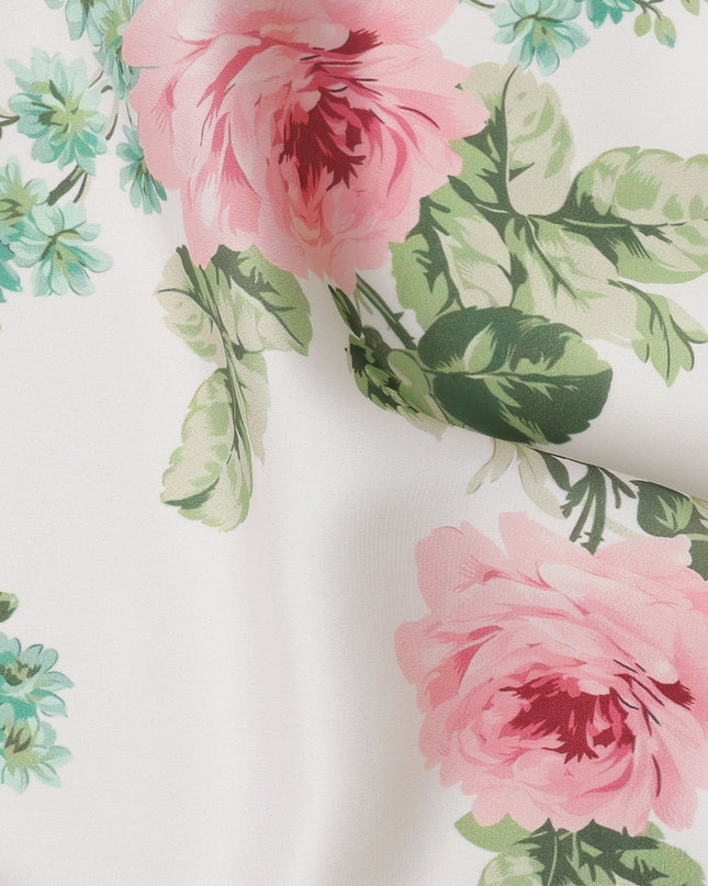 White and Pink Rose Floral Printed Synthetic Crepe Fabric, 110 Cms Width, Made in India-D26266