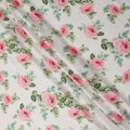 White and Pink Rose Floral Printed Synthetic Crepe Fabric, 110 Cms Width, Made in India-D26266