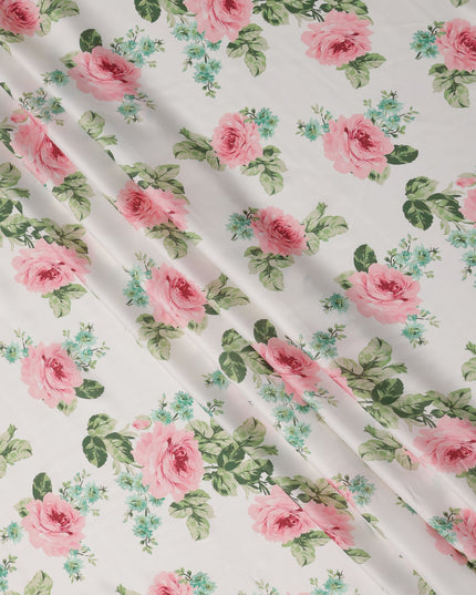White and Pink Rose Floral Printed Synthetic Crepe Fabric, 110 Cms Width, Made in India-D26266