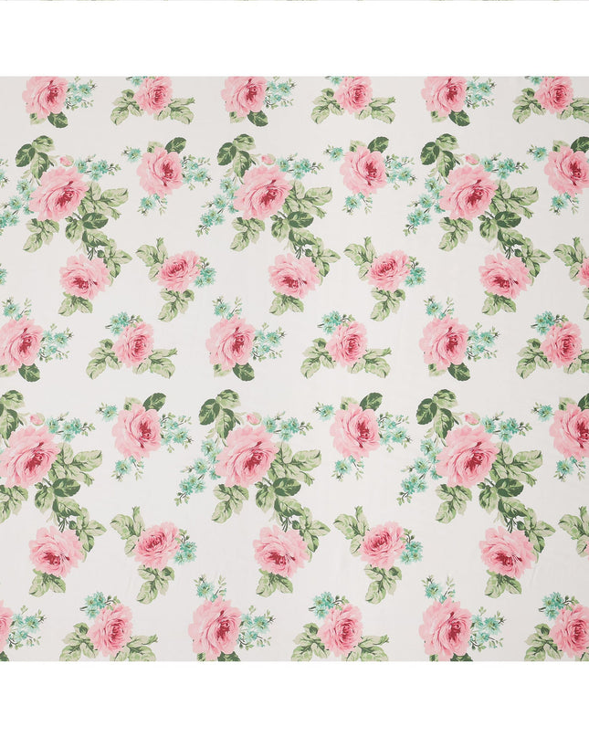 White and Pink Rose Floral Printed Synthetic Crepe Fabric, 110 Cms Width, Made in India-D26266