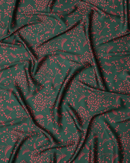 Bottle Green and Red Leaf Printed Synthetic Crepe Fabric, 110 Cms Width, Made in India-D26263