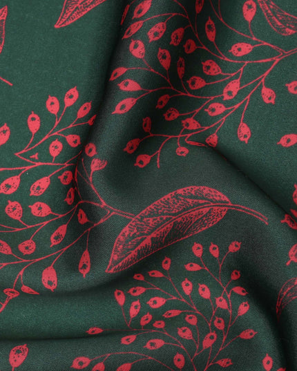 Bottle Green and Red Leaf Printed Synthetic Crepe Fabric, 110 Cms Width, Made in India-D26263