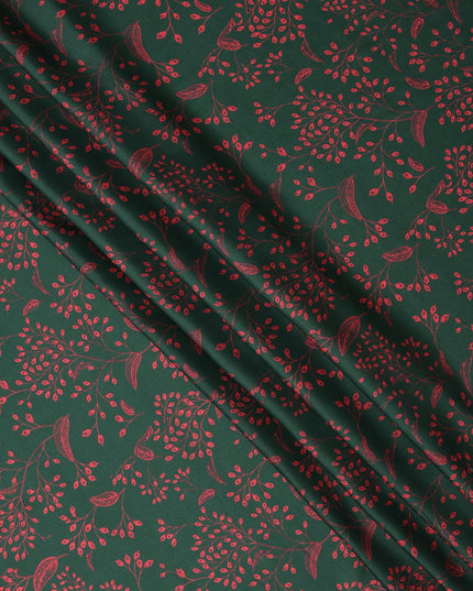 Bottle Green and Red Leaf Printed Synthetic Crepe Fabric, 110 Cms Width, Made in India-D26263