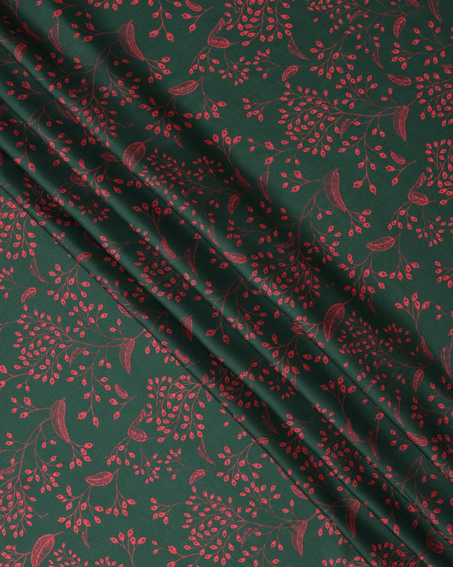 Bottle Green and Red Leaf Printed Synthetic Crepe Fabric, 110 Cms Width, Made in India-D26263