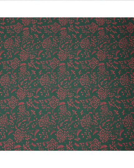 Bottle Green and Red Leaf Printed Synthetic Crepe Fabric, 110 Cms Width, Made in India-D26263