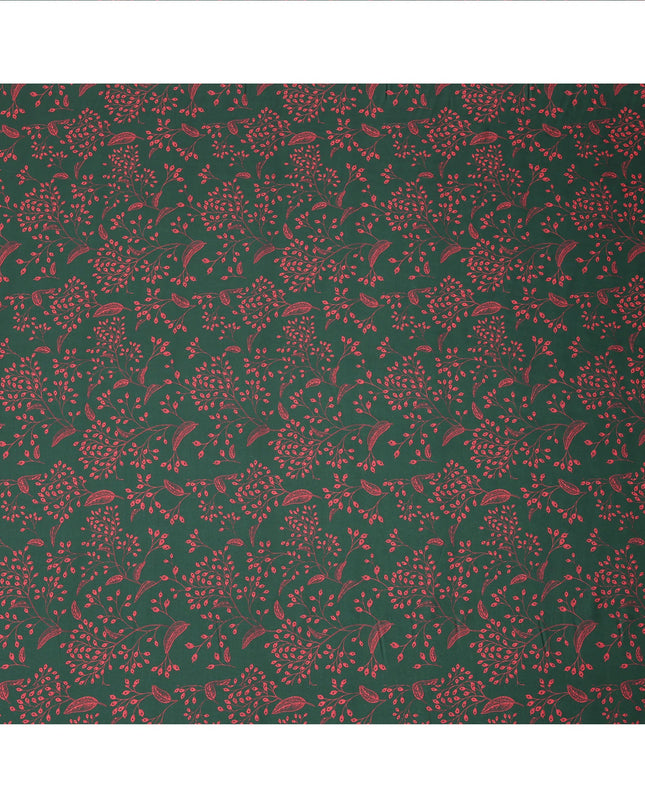 Bottle Green and Red Leaf Printed Synthetic Crepe Fabric, 110 Cms Width, Made in India-D26263