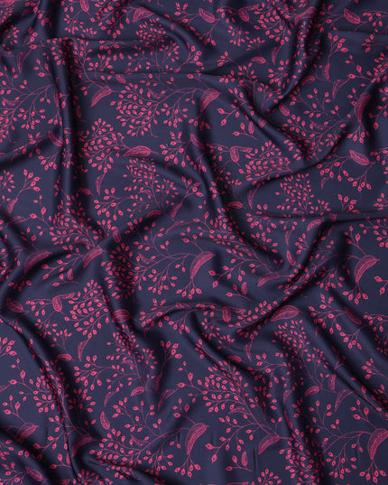 Navy Blue and Magenta Leaf Printed Synthetic Crepe Fabric, 110 Cms Width, Made in India-D26261